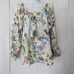 Carolina Top M L White Floral Linen Button Up Flowy Lagenlook Beachy Minimalist